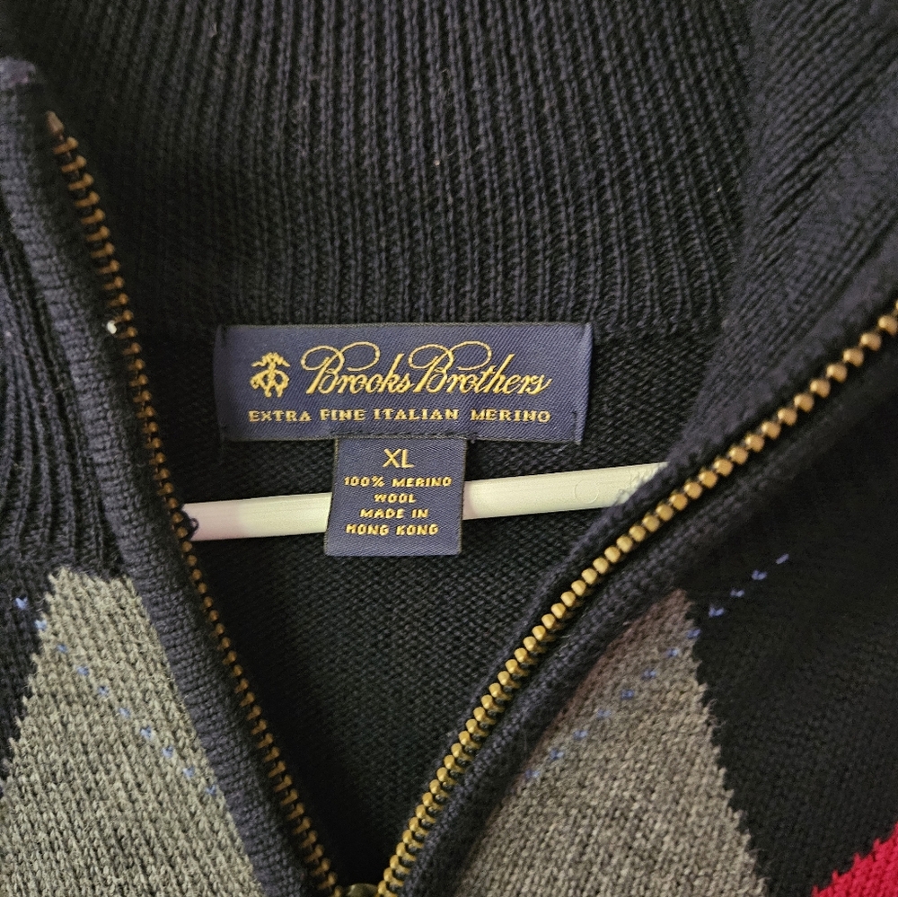 Brooks Brothers Men's Zip-Up Argyle Sweater - Red, Gray, and Black - Picture 2 of 5